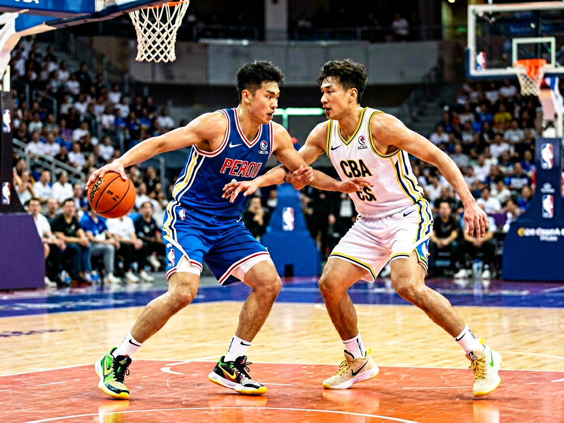 篮球比赛现场，球员在球场上激烈对抗比拼